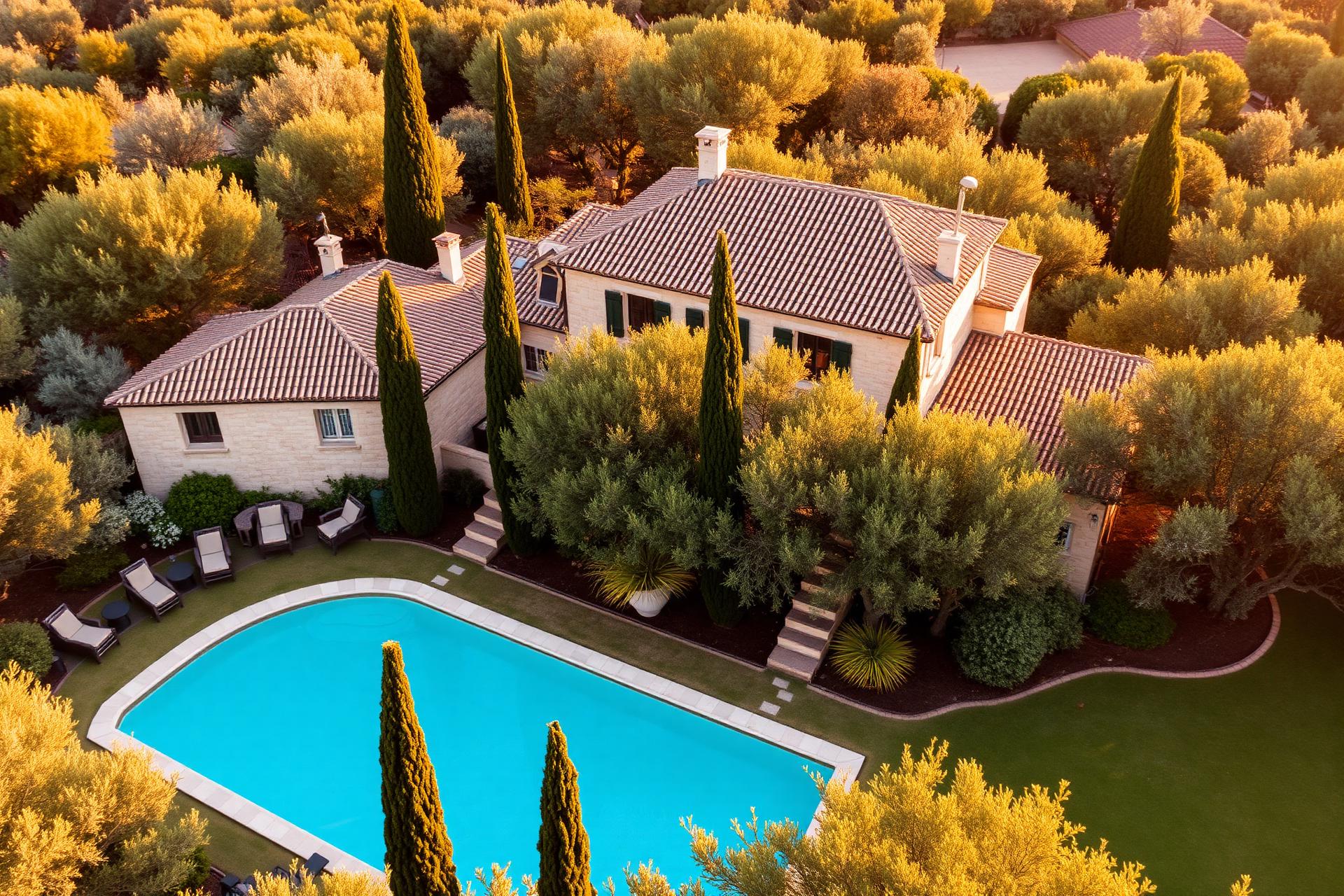 Vue aérienne de Villa Elara et de sa piscine entourée d'oliviers